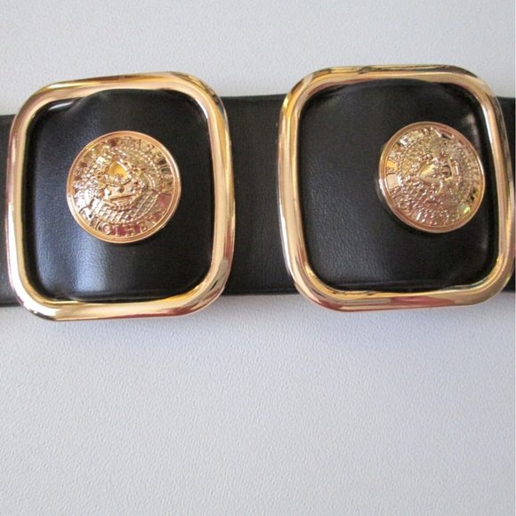 Fan & Louis Belt Black With Goldtone Coins Elastic Snap Closure With Tag Size M